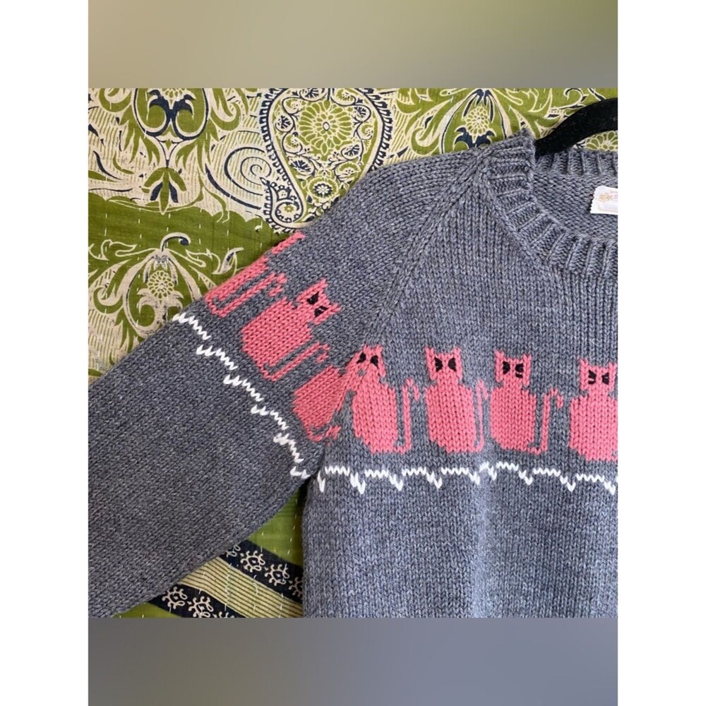 Handmade by Carol Gray/ Pink 100% Wool Cat Knit Sweater Size Small Teachercore - Picture 7 of 13